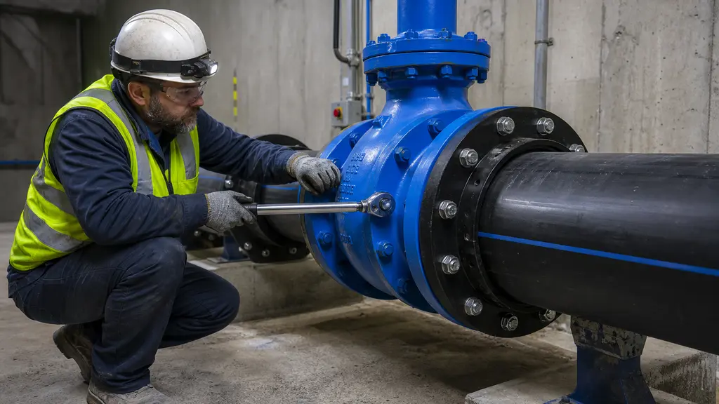 HDPE flange adapter installation using torque wrench